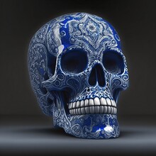 Clean Human Skull Out Of White And Blue Porcelain Isolated On Black Background, Template, Structure