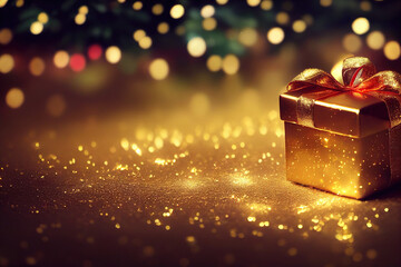 Golden Christmas gift box in a snowy festive winter forest, copy space, gold and glitter, gold ribbons and bows, magic bokeh lights, dreamy, magic atmosphere, New Year and Christmas concept