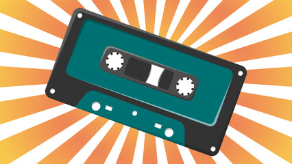 Wall Mural - Old retro vintage green music audio cassette for audio tape recorder with magnetic tape from 70s, 80s, 90s against the background of the orange rays of the sun. Vector illustration