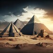 Mysterious pyramids of Egypt, ancient civilization, mystical landscape with sand and sun. 3d illustration