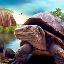 Stunning Photorealistic Dramatic Portrait Of Giant Galapagos Turtle. Ai Generated Illustration