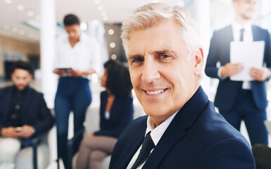 Senior business man, portrait and manager in a teamwork meeting happy about company growth. Business man, corporate leader and ceo smile from employee work strategy, success and office collaboration