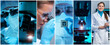 © Acronym - Microelectronics engineers work in a modern scientific laboratory on computing systems and microprocessors. Professional electronic factory workers in a protective suits.