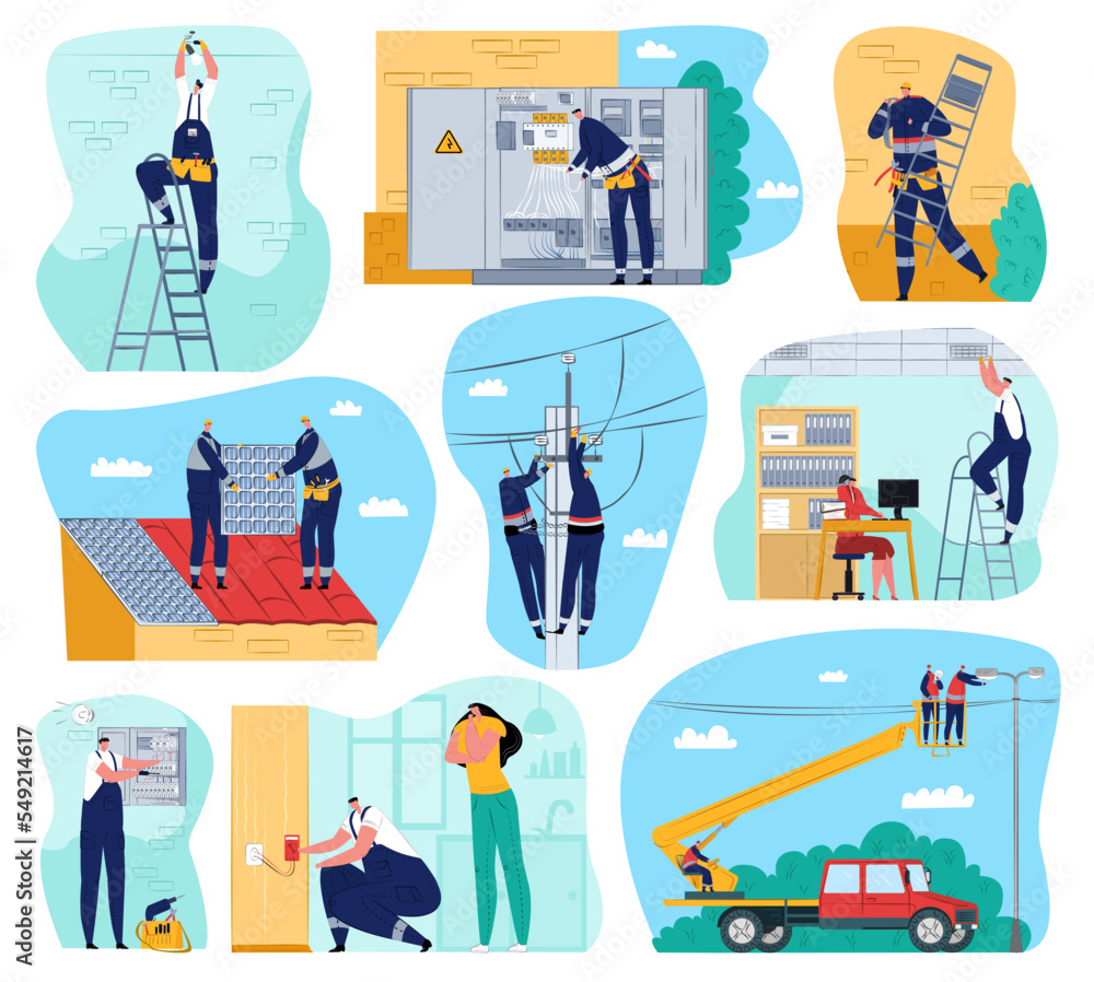 Electricity works set of vector illustrations. Electric works and ...