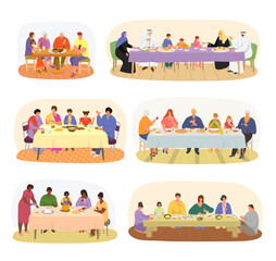 Family dinner, different nationality families sitting at dining table set of vector illustration. Muslim, chinese, european family.