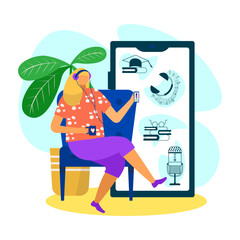 Wall Mural - Woman use smartphone technology for making online podcast, vector illustration. Cartoon people character record audio in headphones