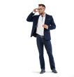 © A Stock Studio - Man in a business jacket and glasses looks towards the empty space. It stands to its full height.