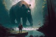 Man confront with a giant bear in the forest. fiction. fantasy scenery. concept art.