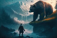 Man Confront With A Giant Bear In The Forest. Fiction. Fantasy Scenery. Concept Art.