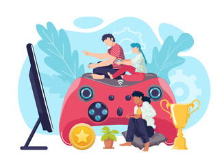 Wall Mural - Video game entertainment with joystick, vector illustration. Boy girl child gamer at flat home play with console, controller.