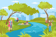 Outdoor rest at river, leisure at summer park nature vector illustration. Cartoon man woman people recreation at landscape.