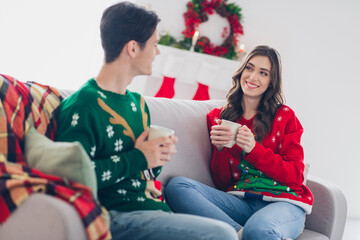 Poster - Photo of pretty funny husband wife nice family wear ugly sweaters look each other enjoy new year beverages indoors house home room