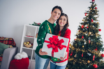 Poster - Portrait of two positive friendly people hands hold festive newyear giftbox give camera you house indoors