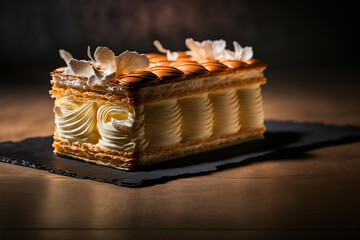 Mille feuille french layered cake in a parisian patisserie 