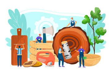 Wood worker man person work at industry job, vector illustration. Professional male lumberjack with cartoon equipment tool.