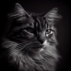 Wall Mural - a cat or kitty maine coon or mainecoon with long hair looking at the camera with a black background 