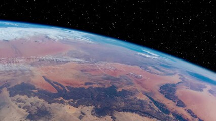 Wall Mural - Planet earth view from space, planet horizon desert landscape against stars in space, animation based on image by Nasa