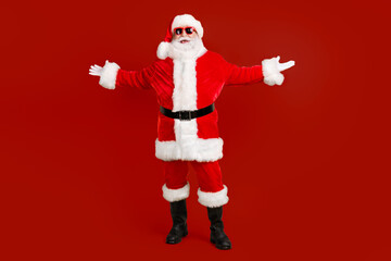 Wall Mural - Full length body size view of his he nice funny cheerful cheery positive white-haired Santa fooling having fun rest chill grimacing isolated bright vivid shine vibrant yellow color background