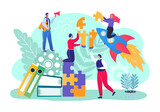 Fototapeta Miasto - Business teamwork for idea, team people make puzzle concept, vector illustration. Businessman woman put together jigsaw for success work.