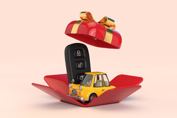 Poster - Car Alarm Remote Control with Yellow Cartoon Car in Opened Red Gift Box with Golden Ribbon. 3d Rendering