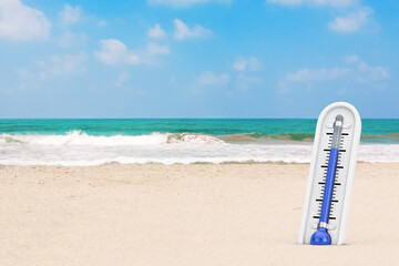 Sticker - Outdoor Thermometer on a Summer Sand Beach Background. 3d Rendering