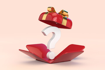 Poster - White Question Mark in Opened Red Gift Box with Golden Ribbon. 3d Rendering