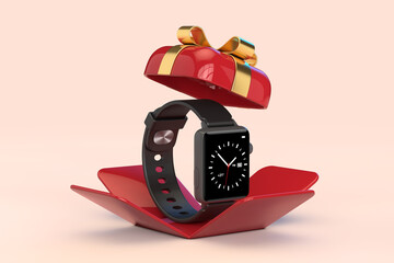 Fototapete - Black Modern Smart Watch with Strap in Opened Red Gift Box with Golden Ribbon. 3d Rendering