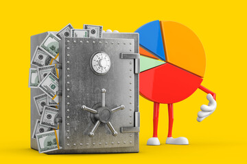 Poster - Info Graphics Business Pie Chart Character Person with Vault or Safe Box Full of Dollar Bills. 3d Rendering