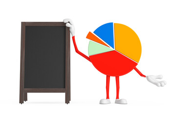 Leinwandbilder - Info Graphics Business Pie Chart Character Person with Blank Wooden Menu Blackboards Outdoor Display. 3d Rendering