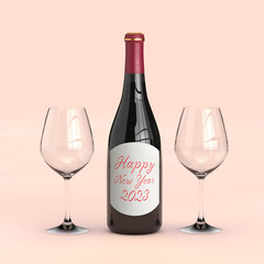 Poster - Two Wine Glasses and Red Wine Bottle with Happy New Year 2023 Sign. 3d Rendering