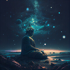 Buddha meditating in space - galaxies, stars, space dust, cosmic lights and planets