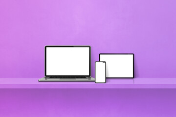 Poster - Laptop, mobile phone and digital tablet pc on purple wall shelf. Horizontal background