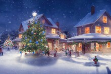 Illustration Winter Atmosphere On Christmas Eve In A Village With A Fir Tree