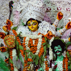 Goddess Durga with traditional look in close up view at a South Kolkata Durga Puja, Durga Puja Idol, A biggest Hindu Navratri festival in India