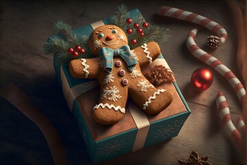 illustration of ginger bread with gift box, Generative Ai