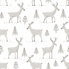 Wall Mural - Gray cartoon deer characters in different poses with Christmas trees on a white background. Seamless vector winter pattern for fabric, wallpaper, branding, and wrapping. Print for gifts for the New