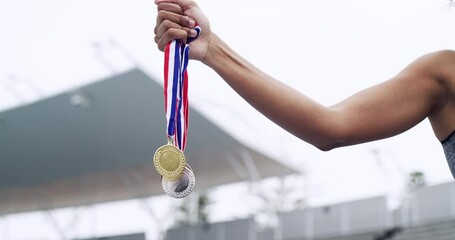 Poster - Winner, sports and girl hands with medal prize at champion running competition stadium. Gold, silver and athlete achievement of black woman runner with success, victory and win at event.