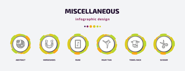 Wall Mural - miscellaneous infographic template with icons and 6 step or option. miscellaneous icons such as abstract, horseshoes, rune, muay thai, towel rack, scissor vector. can be used for banner, info graph,