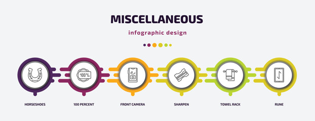 miscellaneous infographic template with icons and 6 step or option. miscellaneous icons such as horseshoes, 100 percent, front camera, sharpen, towel rack, rune vector. can be used for banner, info