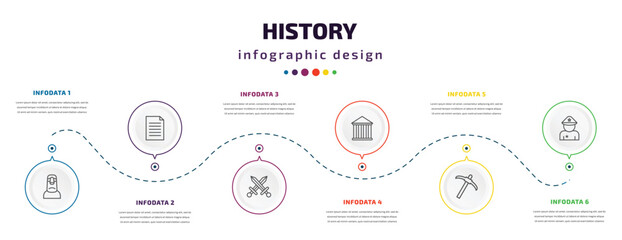 Wall Mural - history infographic element with icons and 6 step or option. history icons such as moais, paper, swords, pantheon, pick, policeman vector. can be used for banner, info graph, web, presentations.