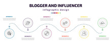 Blogger And Influencer Infographic Element With Icons And 6 Step Or Option. Blogger And Influencer Icons Such As Shopping Online, Follower, Vinyl, Weights, Visitor, Fashion Vector. Can Be Used For