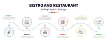 Bistro And Restaurant Infographic Element With Icons And 6 Step Or Option. Bistro And Restaurant Icons Such As Spatula Utensil, Electric Weight Scale, Cake Piece With Cream, Cake Box, Half Lemon,
