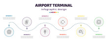 Airport Terminal Infographic Element With Icons And 6 Step Or Option. Airport Terminal Icons Such As Big Backpack, Two Plane Tickets, Airport Tower, Headphones, Luggage Inspection, Lifeboat Vector.