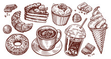 Cup Tea, Cake, Donut, Cola, Ice Cream Cone, Chocolate Candy, Coffee Sketch. Dessert, Sweet Food Set Retro Illustration