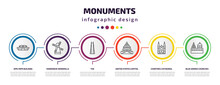 Monuments Infographic Template With Icons And 6 Step Or Option. Monuments Icons Such As Dpr/mpr Building, Kinderdijk Windmills, The, United States Capitol, Chartres Cathedral, Blue Domed Churches