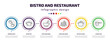 bistro and restaurant infographic template with icons and 6 step or option. bistro and restaurant icons such as pouring coffe, bistro pot, appetizers bowl, crepe cream, pot with cover, lateral pan