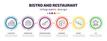 Bistro And Restaurant Infographic Template With Icons And 6 Step Or Option. Bistro And Restaurant Icons Such As Cut Cake Piece, Decorated Cake, Strainer With Handle, Infusion Bag, Big Knife, Tea