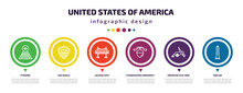 United States Of America Infographic Element With Icons And 6 Step Or Option. United States Of America Icons Such As Pyramid, Usa Shield, Golden Gate, Thanksgiving Ornament, American Civil War,