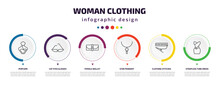 Woman Clothing Infographic Element With Icons And 6 Step Or Option. Woman Clothing Icons Such As Perfume, Cat Eyes Glasses, Female Wallet, Star Pendant, Clothing Stitches, Strapless Tube Dress