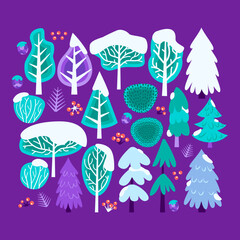 Wall Mural - Snow Winter Christmas Tree Set. Vector Illustration of Nature Plants and Bushes.